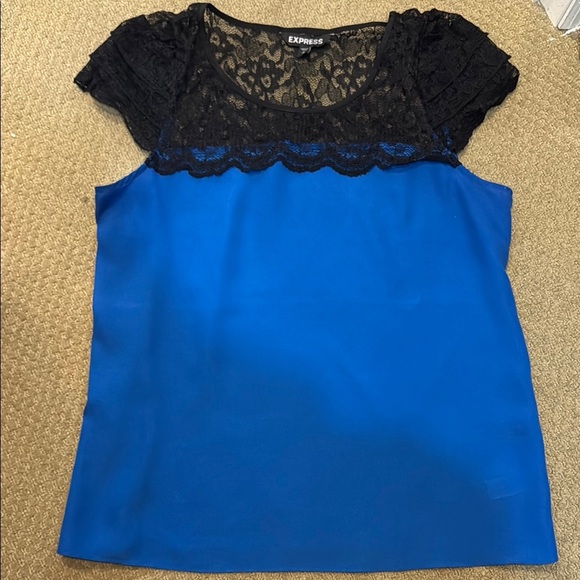 Express Fitted Blue and Black Lace Blouse - Picture 1 of 4